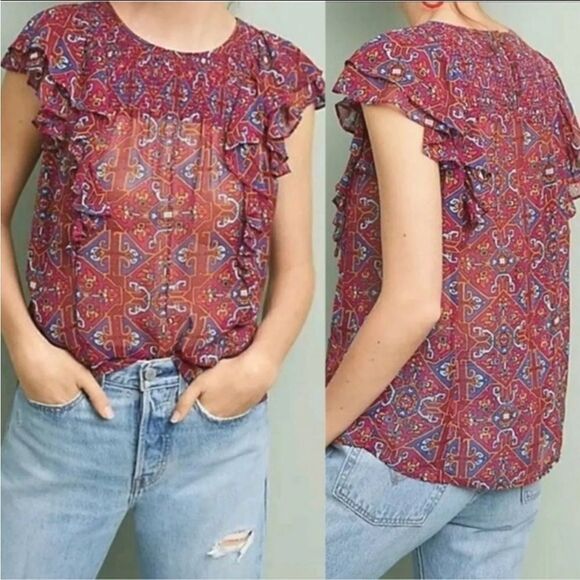 Anthropologie Meadow Rue Majolica Flutter Sleeve Blouse Size 0 - Picture 1 of 7